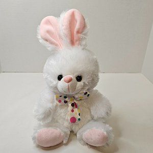 Megatoys White Pink Bunny Rabbit Plush Polka Dot Ribbon Stuffed Animal Toy